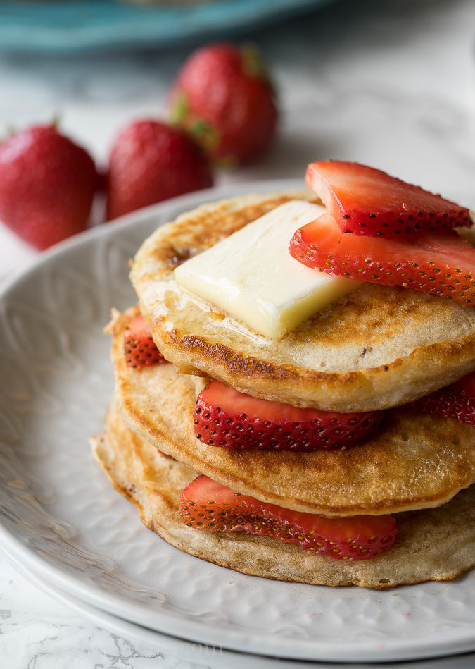 These Strawberry Greek Yogurt Pancakes are so light and fluffy and I love the extra protein from the greek yogurt!