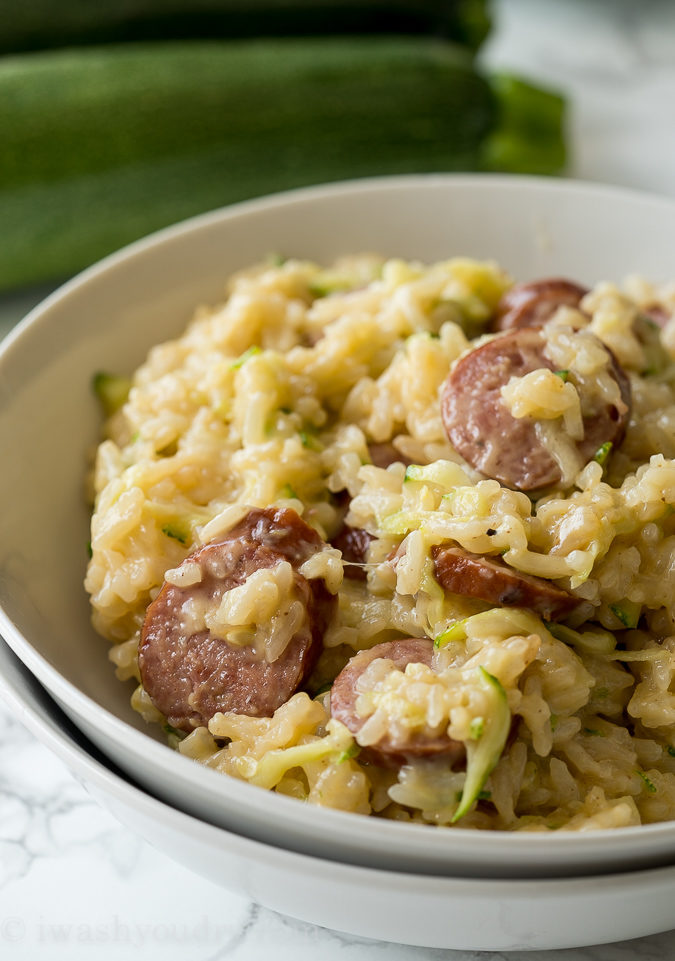 This Cheesy Sausage Zucchini Rice Skillet is a super quick dinner that's filled with everything my family loves, plus I get to sneak in some veggies!