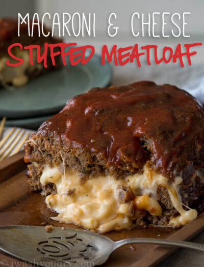 My whole family LOVES this Macaroni and Cheese Stuffed Meatloaf! It's filled with extra cheesy macaroni and the meatloaf is perfectly tender!