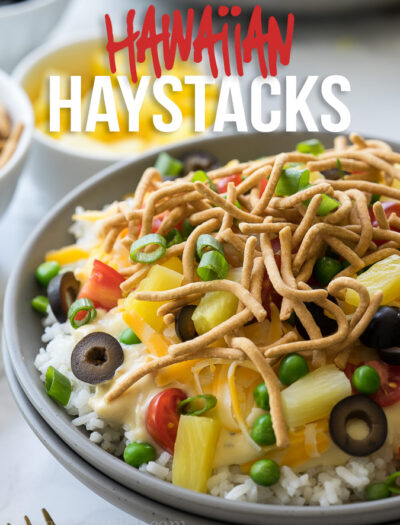 These Quick and Easy Hawaiian Haystacks start out with a super simple chicken gravy, that's poured over a bed of rice, then topped with all your favorite toppings.