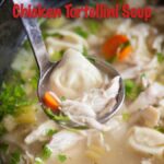 Close up of a spoon above a bowl of soup with chicken, noodles and veggies.