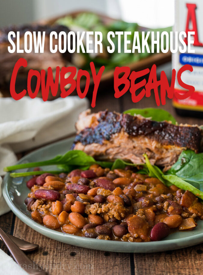 WOW! These Slow Cooker Steakhouse Cowboy Beans could be a meal on their own, but make the perfect comforting side dish to any bbq feast!