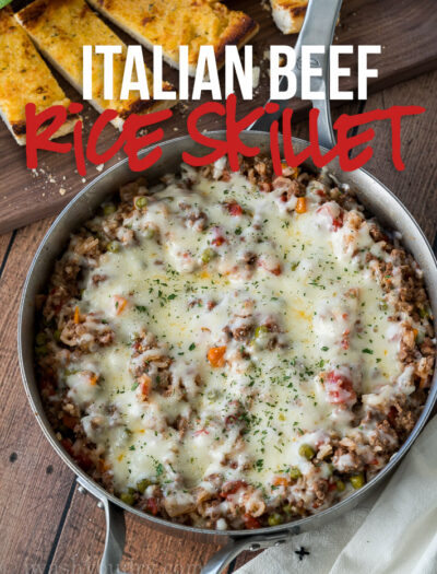 This Italian Beef and Rice Skillet is ready in less than 30 minutes and is a family favorite weeknight dinner!