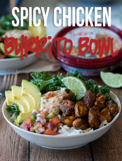 These Spicy Chicken Burrito Rice Bowls are filled to the brim with plump chicken, creamy avocado and delicious white bean dip!