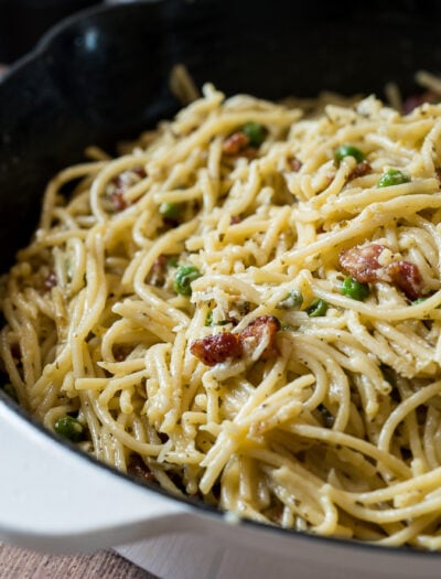 This creamy Pesto Spaghetti Carbonara is just 6 ingredients and ready in 20 minutes! A definite family favorite!