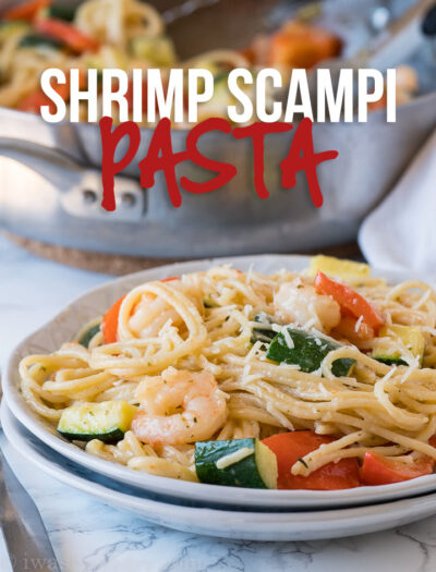 Shrimp Scampi Zucchini Pasta is filled with tender shrimp, zucchini, bell peppers and pasta in a buttery garlic sauce that's ready in just 15 minutes!