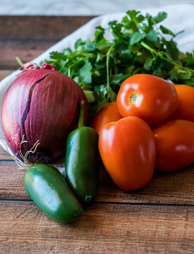 The main ingredients for homemade Pico de Gallo are roma tomatoes, jalapeno and onions!