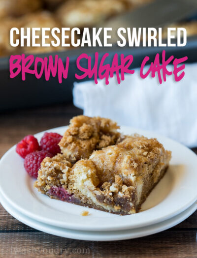 This Cheesecake Swirled Brown Sugar Cake is filled with plump raspberries and topped with a crisp brown sugar topping!