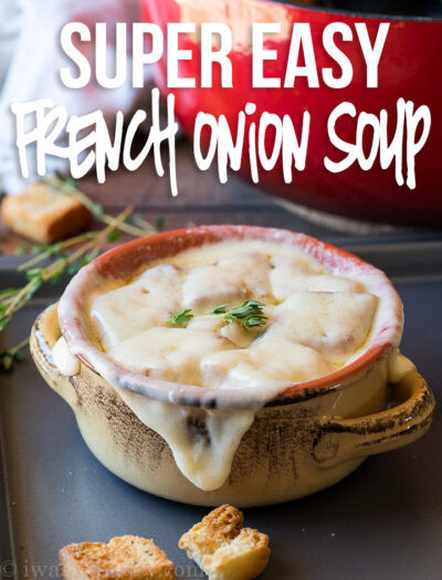 This quick and easy French Onion Soup Recipe is filled with caramelized onions in an aromatic broth and topped with melty cheese!