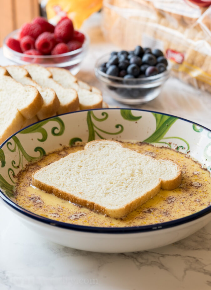 Dip the bread VERY QUICKLY into the egg mixture to make a super easy french toast that isn't overly soggy.