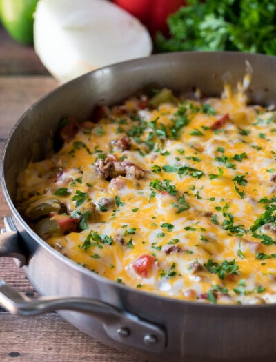 WOW! My family LOVED this super easy Ground Beef Stuffed Pepper Skillet. It was like regular stuffed pepper filling made in just one pan!