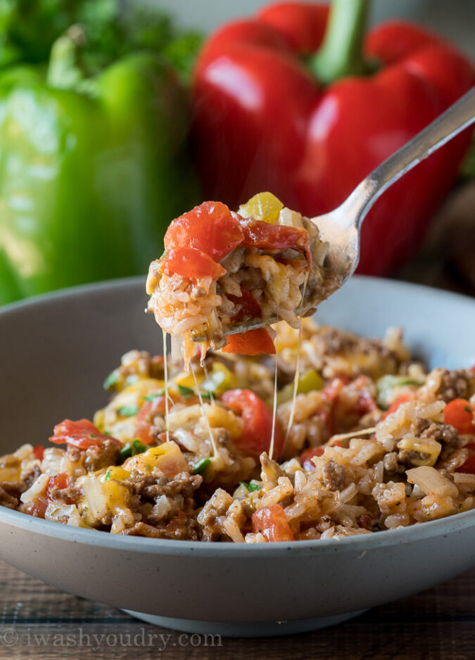 WOW! My family LOVED this super easy Ground Beef Stuffed Pepper Skillet. It was like regular stuffed pepper filling made in just one pan!