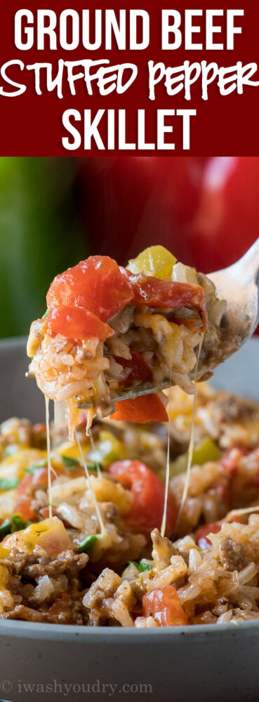 WOW! My family LOVED this super easy Ground Beef Stuffed Pepper Skillet. It was like regular stuffed pepper filling made in just one pan!