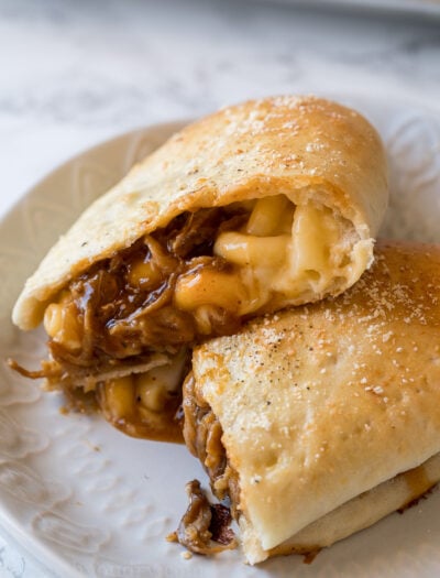 OMG! These Cheesy BBQ Pork Calzones are everything you love about good old barbecue wrapped up in a warm and crispy calzone!