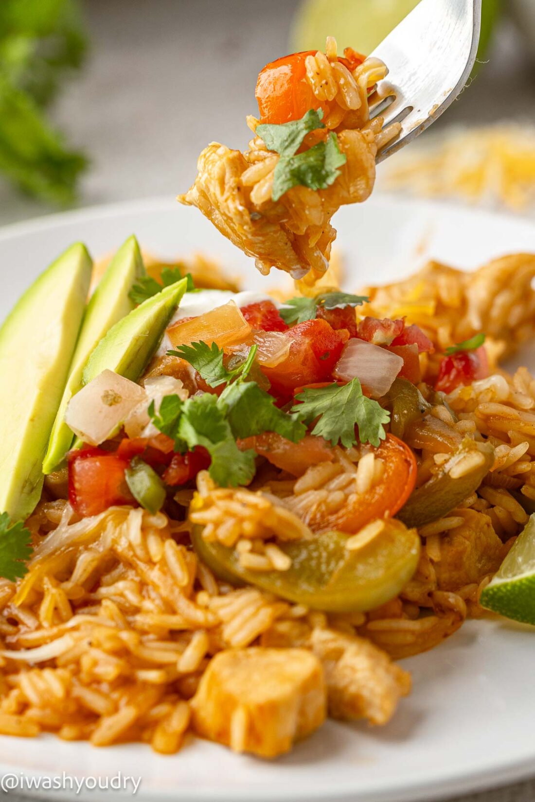 forkful of chicken and seasoned fajita rice with avocado slices and pico de gallo.