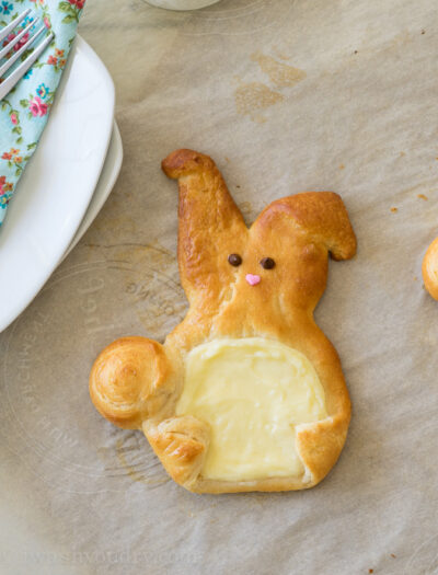 A close up of a bunny shaped pastry on a table