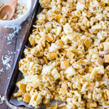 A pan of Chex mix on a table