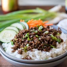 A plate of food on a table, with Beef