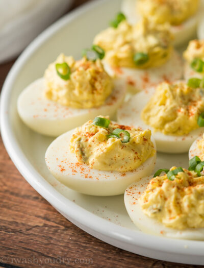 A plate of deviled eggs on a table