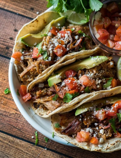 OMG! These Crispy Instant Pot Pork Carnitas are seriously SO GOOD! I couldn't stop eating the pork off the tray!