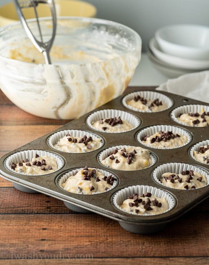 Scoop your super easy muffin batter into prepared muffin cups and bake until golden brown