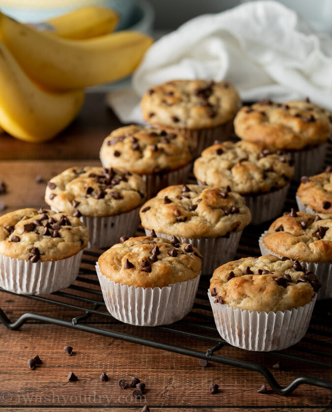 These delicious Banana Muffins have loads of chocolate chips and are filled with protein rich greek yogurt too!