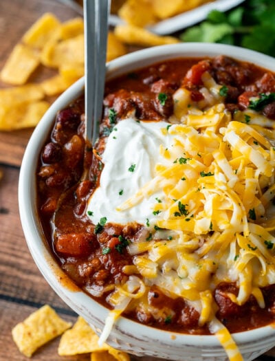 A plate of chili on a table