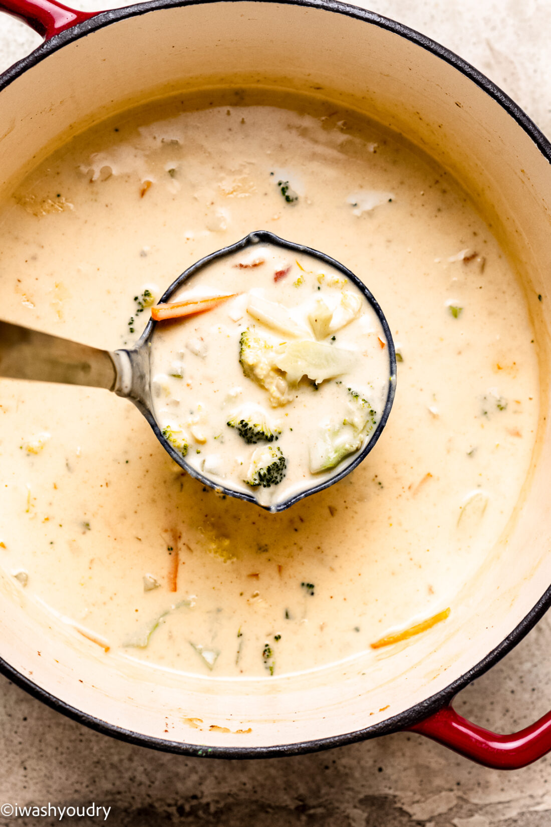 ladle of broccoli cheese soup with shredded carrots in it.