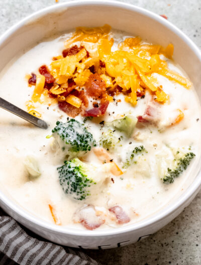 bowl of soup with broccoli, cheese and bacon.