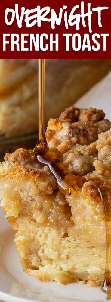 YUM! This super easy French Toast Casserole recipe is soaked overnight in an egg mixture, topped with a brown sugar crumble, then baked to perfection!