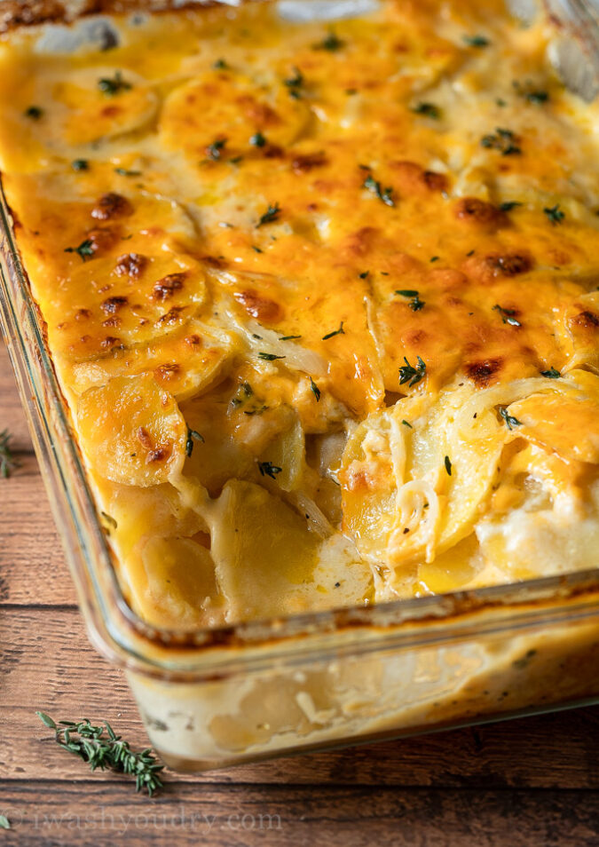 Cheesy Potatoes in casserole dish.