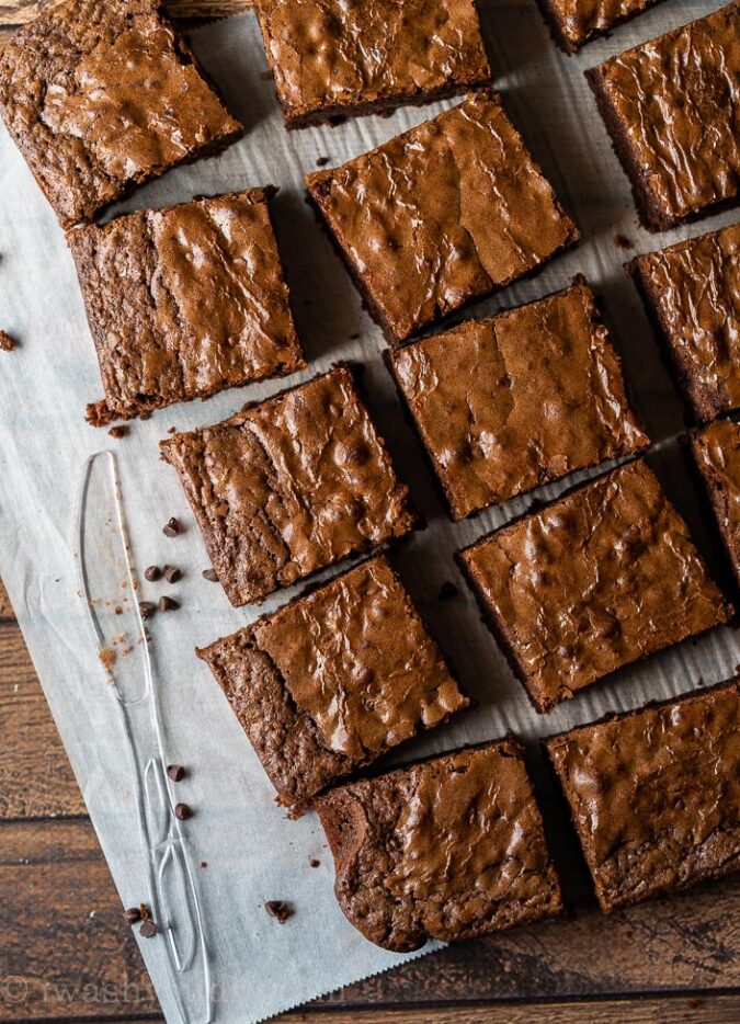 The easiest way to slice brownies is with a plastic knife! You'll be shocked at how easy it is!