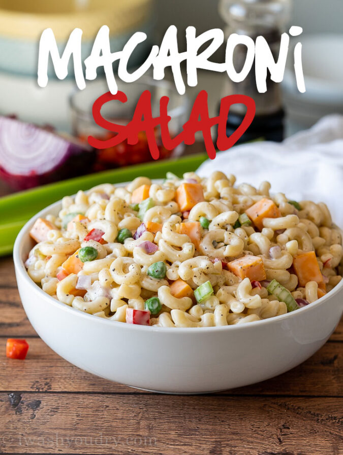 This Simple Macaroni Salad Recipe is filled with all the classic ingredients, tossed in a creamy sauce and perfect for summer potlucks and parties!