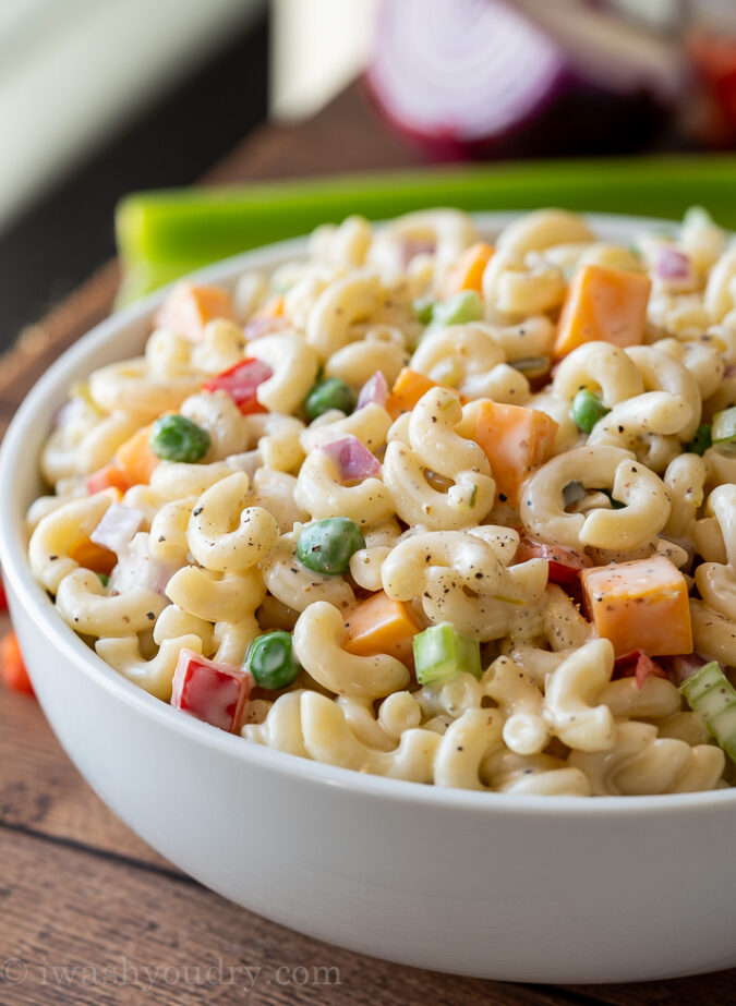 YUM! This Classic Macaroni Salad Recipe is super easy and the perfect side dish for all those summer potlucks!