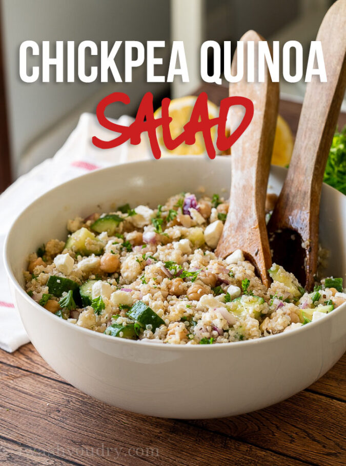 This Chickpea Quinoa Salad Recipe is filled with crisp cucumbers, feta cheese and tender quinoa, tossed in a deliciously easy dressing.