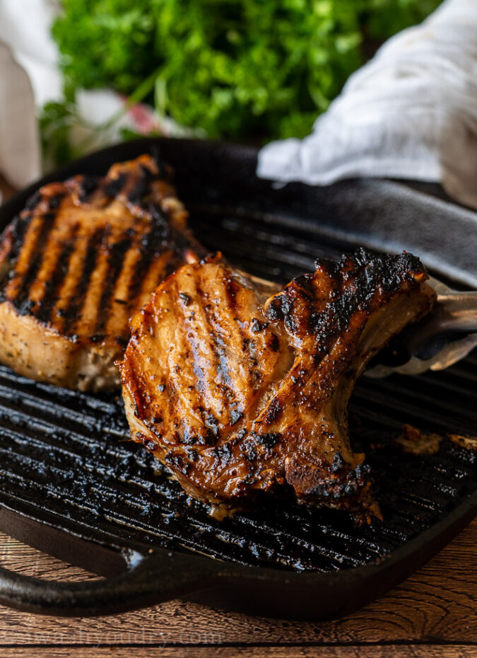 If cooking the pork chops on a grill pan, give them a good sear, before popping in the oven to finish cooking.