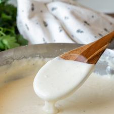 A close up of a plate with Alfredo Sauce