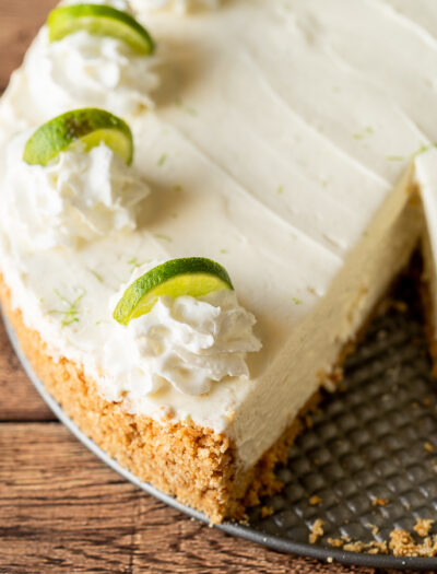 This Key Lime No Bake Cheesecake is perfectly smooth and creamy with a crisp graham cracker crust.