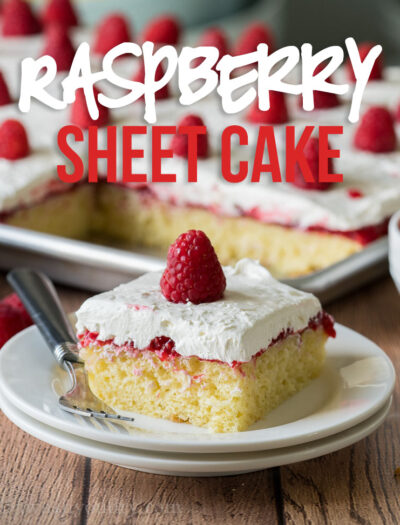 This Vanilla Raspberry Sheet Cake Recipe is a moist vanilla cake topped with raspberry cake filling and a cream cheese whipped frosting. Perfect for feeding a crowd at a party!