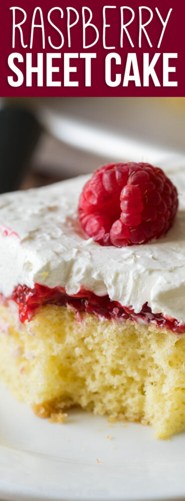 YUM! This Vanilla Raspberry Sheet Cake Recipe is super easy and the perfect summer potluck dessert recipe!