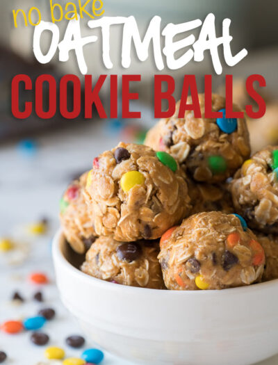 These No Bake Peanut Butter Oatmeal Cookie Balls are a quick and easy treat that are loaded with chocolate chips and m&m's! 