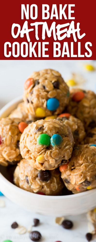 These No Bake Peanut Butter Oatmeal Cookie Balls are a quick and easy treat that are loaded with chocolate chips and m&m's! 