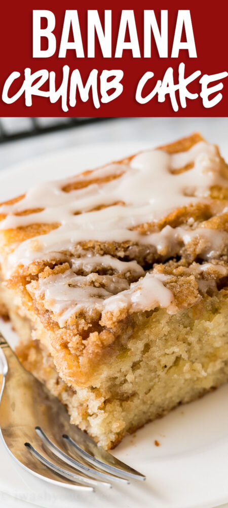 This Banana Crumb Cake Recipe is a moist and tender banana cake with layers of brown sugar crumb topping and a sweet icing drizzle.