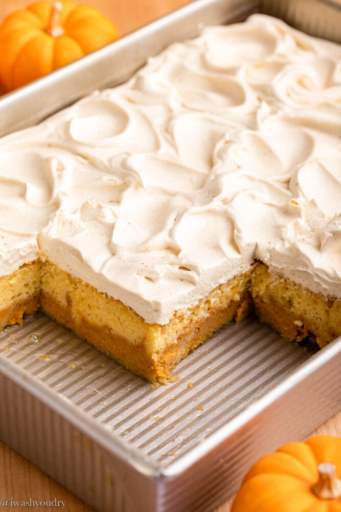 sliced pumpkin pie cake in pan