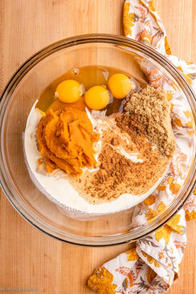 Pumpkin pie filling ingredients in bowl