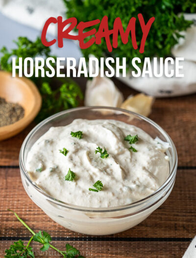 This quick and easy Creamy Horseradish Sauce Recipe is the perfect condiment to compliment prime rib, steak or roast beef! 