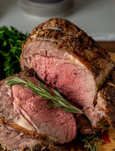 A close up of a prime rib roast