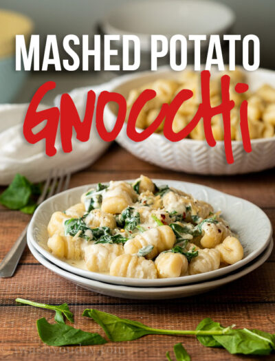 This delightfully simple Mashed Potato Gnocchi Recipe is made with just 3 ingredients and tossed in a rich spinach cream sauce that's to die for!