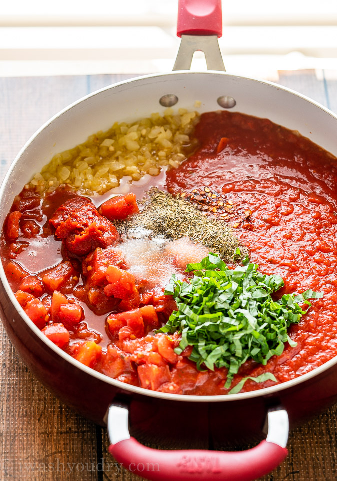 Marinara Sauce is made with simple ingredients like tomatoes, onion, garlic and fresh basil.