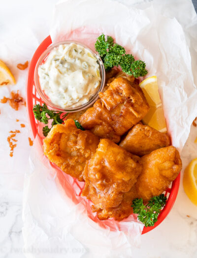 This Crispy Beer Batter Fish Recipe is made with basic ingredients and creates a crunchy coating around flaky, tender white fish! Fried fish is great with homemade Tartar Sauce or used to make crispy fish tacos! 